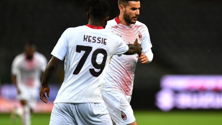 TURIN, ITALY - MAY 12: Theo Hernandez of A.C. Milan celebrates with Franck Kessie after scoring their side's first goal during the Serie A match between Torino FC and AC Milan at Stadio Olimpico di Torino on May 12, 2021 in Turin, Italy. Sporting stadiums around Italy remain under strict restrictions due to the Coronavirus Pandemic as Government social distancing laws prohibit fans inside venues resulting in games being played behind closed doors. (Photo by Valerio Pennicino/Getty Images) TURIN, ITALY - MAY 12: Theo Hernandez of A.C. Milan celebrates with Franck Kessie after scoring their side's first goal during the Serie A match between Torino FC and AC Milan at Stadio Olimpico di Torino on May 12, 2021 in Turin, Italy. Sporting stadiums around Italy remain under strict restrictions due to the Coronavirus Pandemic as Government social distancing laws prohibit fans inside venues resulting in games being played behind closed doors. (Photo by Valerio Pennicino/Getty Images)