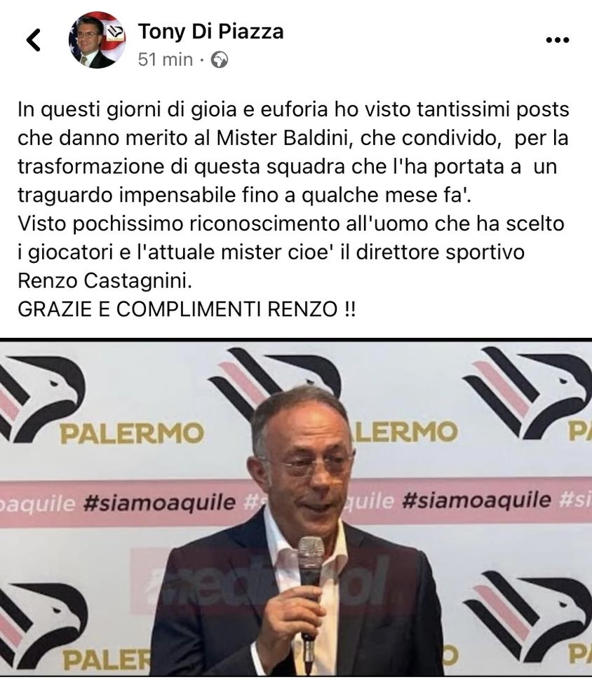 Palermo, Tony Di Piazza elogia Castagnini: “Grazie Renzo, visto poco riconoscimento”- immagine 2
