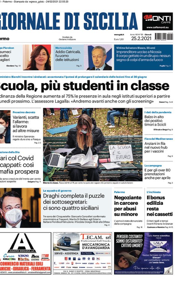 Prima Pagina, Giornale di Sicilia: “Scuola, più studenti in classe. Varianti, scatta l’allarme”  Prima Pagina, Giornale di Sicilia: “Scuola, più studenti in classe. Varianti, scatta l’allarme”