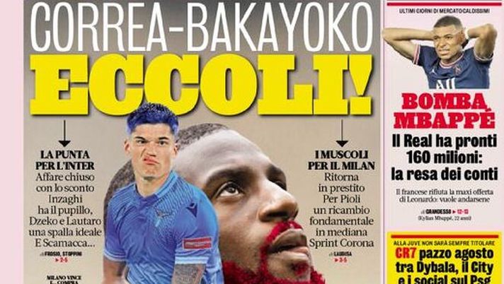 Prima Pagina, La Gazzetta dello Sport: “Correa-Bakayoko, eccoli!&#8221; 