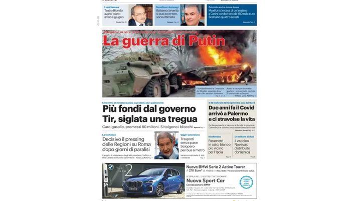 Prima Pagina, Giornale di Sicilia: “La Guerra di Putin. 2 anni fa il covid a Palermo”  Prima Pagina