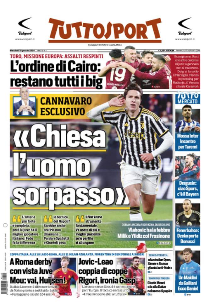 La prima pagina di Tuttosport 10-01-2024