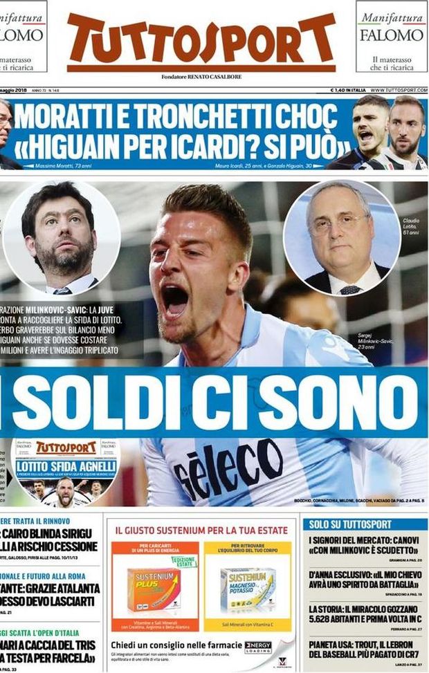 Prima Pagina, Tuttosport: “I soldi ci sono: operazione Milinković-Savić. Moratti: ‘Higuain per Icardi? Si può’. Cristante: grazie Atalanta…” Prima Pagina, Tuttosport: “I soldi ci sono: operazione Milinković-Savić. Moratti: ‘Higuain per Icardi? Si può’. Cristante: grazie Atalanta…”