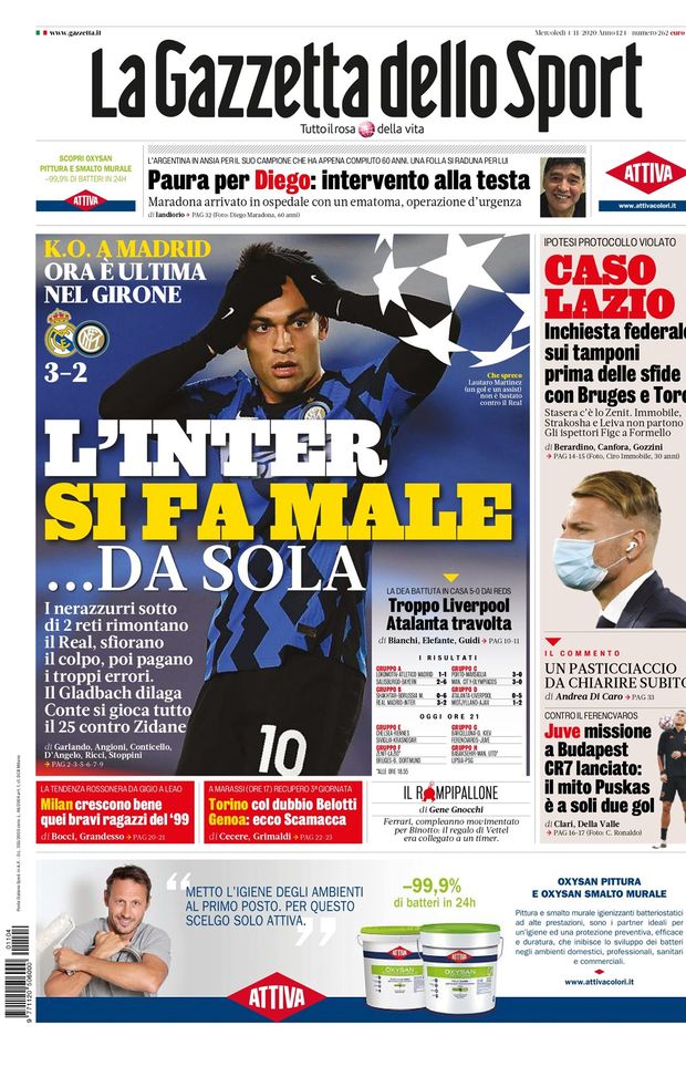Gazzetta dello Sport, la prima pagina di oggi, mercoledì 4 novembre 2020 