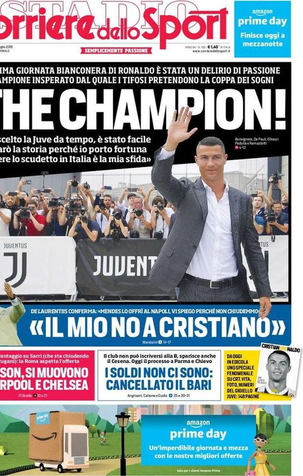 Prima Pagina, Corriere dello Sport: “The Champion! De Laurentiis: ‘Mendes offrì CR7 al Napoli’. Cancellato il Bari…” Prima Pagina, Corriere dello Sport: “The Champion! De Laurentiis: ‘Mendes offrì CR7 al Napoli’. Cancellato il Bari…”