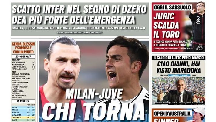 Prima Pagina, Tuttosport: “Milan-Juve, chi torna grande? Scatto Inter” Prima Pagina, Tuttosport: “Milan-Juve, chi torna grande? Scatto Inter” - immagine 1