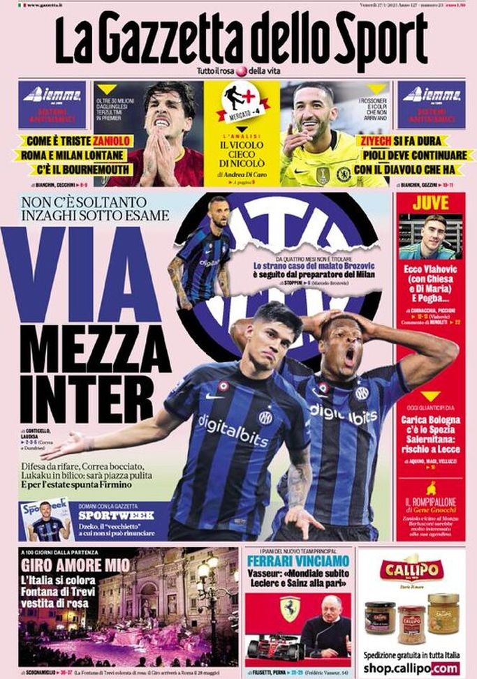 Prima pagina Gazzetta dello Sport 27-01-2023