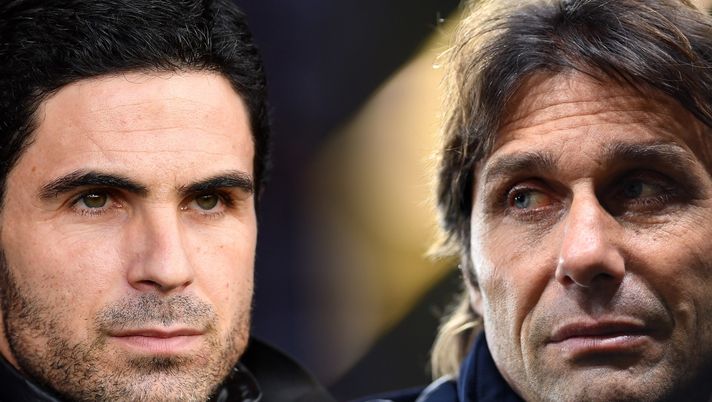 FILE PHOTO (EDITORS NOTE: COMPOSITE OF IMAGES - Image numbers 1196064545, 1362252777 - GRADIENT ADDED) In this composite image a comparison has been made between Mikel Arteta, Manager of Arsenal (L) and Antonio Conte, Manager of Tottenham Hotspur. Tottenham Hotspur and Arsenal meet in a Premier League match on January 16,2022 at the Tottenham Hotspur Stadium in London,England. ***LEFT IMAGE*** Manager of Arsenal, Mikel Arteta looks on during the Premier League match between AFC Bournemouth and Arsenal FC at Vitality Stadium on December 26, 2019 in Bournemouth, United Kingdom. (Photo by Justin Setterfield/Getty Images) ***RIGHT IMAGE*** WATFORD, ENGLAND - JANUARY 01: Antonio Conte, Manager of Tottenham Hotspur looks on during the Premier League match between Watford and Tottenham Hotspur at Vicarage Road on January 01, 2022 in Watford, England. (Photo by Justin Setterfield/Getty Images) Conte accende il derby del North London: “Odio chi intimidisce. Arsenal in testa? Dopo tre anni e mezzo…” - immagine 1