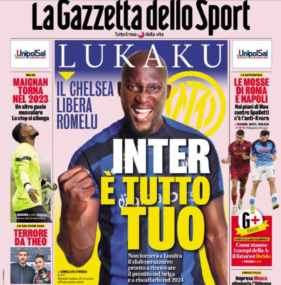 Lukaku sulla Gazzetta, oggi 20 Ottobre 2022