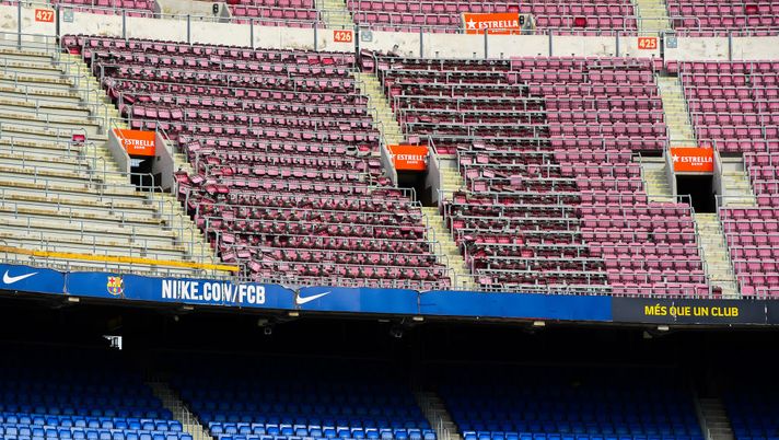 BARCELONA, SPAIN - MAY 16: General view of empty stands during the La Liga Santander match between FC Barcelona and RC Celta at Camp Nou on May 16, 2021 in Barcelona, Spain. Sporting stadiums around Spain remain under strict restrictions due to the Coronavirus Pandemic as Government social distancing laws prohibit fans inside venues resulting in games being played behind closed doors. (Photo by David Ramos/Getty Images) BARCELONA, SPAIN - MAY 16: General view of empty stands during the La Liga Santander match between FC Barcelona and RC Celta at Camp Nou on May 16, 2021 in Barcelona, Spain. Sporting stadiums around Spain remain under strict restrictions due to the Coronavirus Pandemic as Government social distancing laws prohibit fans inside venues resulting in games being played behind closed doors. (Photo by David Ramos/Getty Images)