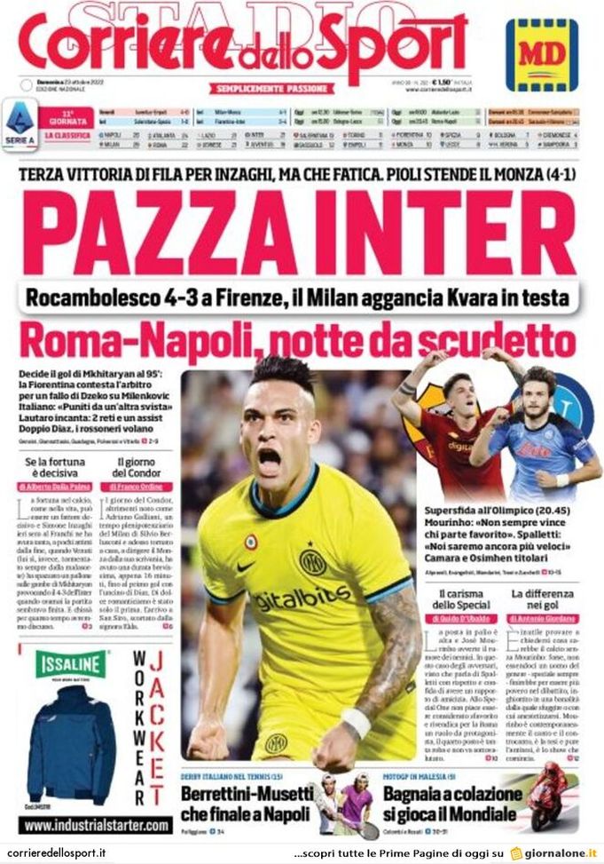 Prima pagina Corriere dello Sport 23/10/2022