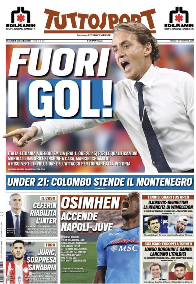 Prima Pagina, Tuttosport: “Osimhen accende Napoli-Juve. Italia, fuori i gol”  Prima Pagina, Tuttosport: “Osimhen accende Napoli-Juve. Italia, fuori i gol”