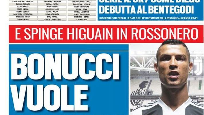 Prima Pagina, Tuttosport: “Bonucci vuole Ronaldo. CR7 come Diego, debutta al Bentegodi. L’Atalanta…”  Prima Pagina, Tuttosport: “Bonucci vuole Ronaldo. CR7 come Diego, debutta al Bentegodi. L’Atalanta…”