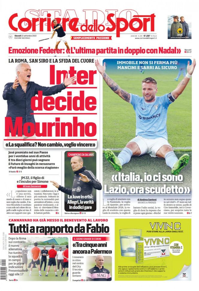 Il Corriere dello Sport, la prima pagina di oggi, giovedì 22 settembre 2022