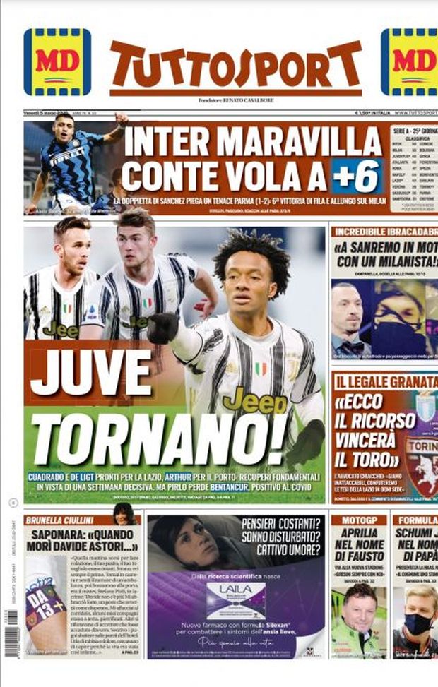 Prima Pagina, Tuttosport: “Inter Maravilla, Conte vola a +6. Ibra, a Sanremo in moto con un milanista” Prima Pagina, Tuttosport: “Inter Maravilla, Conte vola a +6. Ibra, a Sanremo in moto con un milanista”