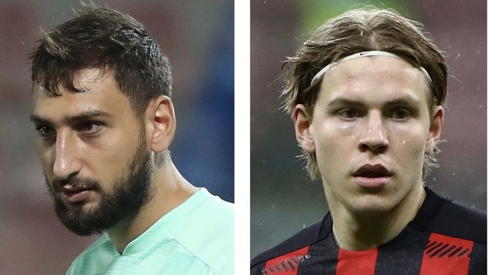 Gianluigi 'Gigio' Donnarumma e Jens Petter Hauge (portiere ed attaccante AC Milan) durante Crotone-Milan 0-2 e Milan-Spezia 3-0 (Serie A 2020-2021) | AC Milan News (Getty Images) 