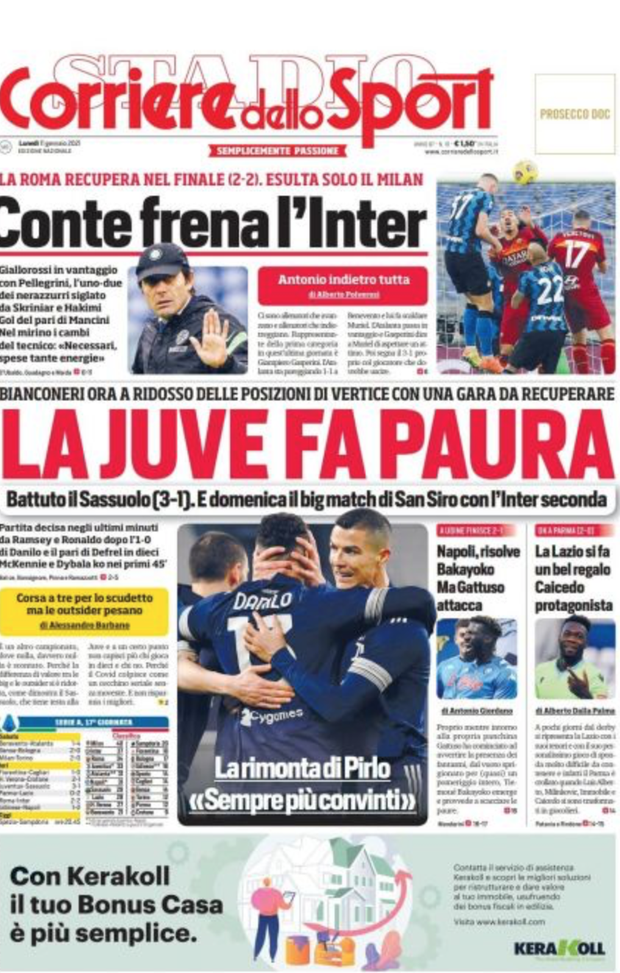Prima Pagina, Corriere dello Sport: “Conte frena l’Inter, la Juventus fa paura” 