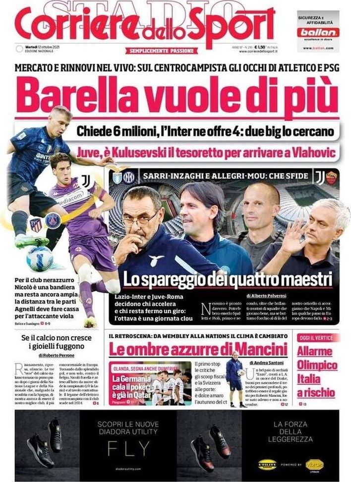 Prima Pagina, Corriere dello Sport: “Allarme Olimpico. Barella vuole di più”  Prima Pagina