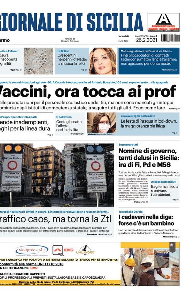 Prima Pagina, Giornale di Sicilia: “Vaccini, ora tocca ai prof. Traffico caos, ma torna la ZTL” Prima Pagina, Giornale di Sicilia: “Vaccini, ora tocca ai prof. Traffico caos, ma torna la ZTL”