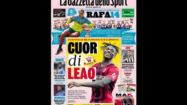 Prima Pagina, La Gazzetta dello Sport: “Cuor di Leao, vuole solo il Milan” Prima Pagina