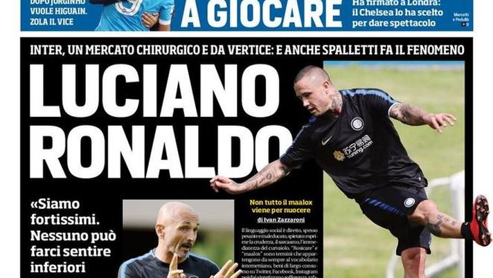 Prima Pagina, Corriere dello Sport: “Luciano Ronaldo. Sarri insegnagli a giocare. Cavani-Napoli, la suggestione. Pazzi di Modric…”  Prima Pagina, Corriere dello Sport: “Luciano Ronaldo. Sarri insegnagli a giocare. Cavani-Napoli, la suggestione. Pazzi di Modric…”