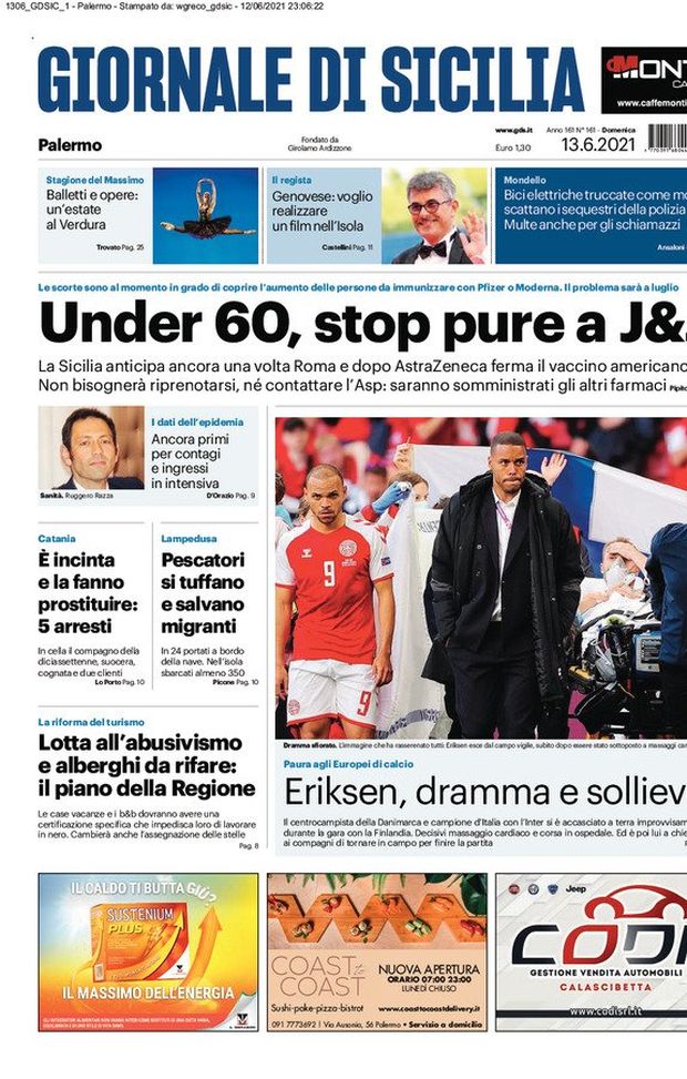 Prima Pagina, Giornale di Sicilia: “Under 60, stop pure a J&J. Eriksen, dramma e sollievo” 