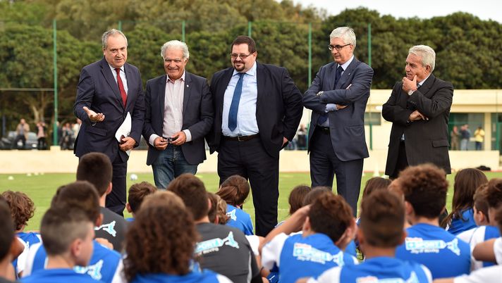 GELA, ITALY - OCTOBER 04: (L-R) Maurizio Mazzei, President of Gela Eni Refinery, Santino Lo Presti, President of C.R. L.N.D. of Sicily, Domenico Messinese, Mayor of Gela, Vito Tisci, President of SGS, and Aldo Violato, SGS Sicily coordinator make a speech during the presentation of the new Regional Federal Training Center of Italian Football Federation (FIGC) In Gela on October 4, 2017 in Gela, Italy. (Photo by Getty Images/Getty Images) GELA, ITALY - OCTOBER 04: (L-R) Maurizio Mazzei, President of Gela Eni Refinery, Santino Lo Presti, President of C.R. L.N.D. of Sicily, Domenico Messinese, Mayor of Gela, Vito Tisci, President of SGS, and Aldo Violato, SGS Sicily coordinator make a speech during the presentation of the new Regional Federal Training Center of Italian Football Federation (FIGC) In Gela on October 4, 2017 in Gela, Italy. (Photo by Getty Images/Getty Images)
