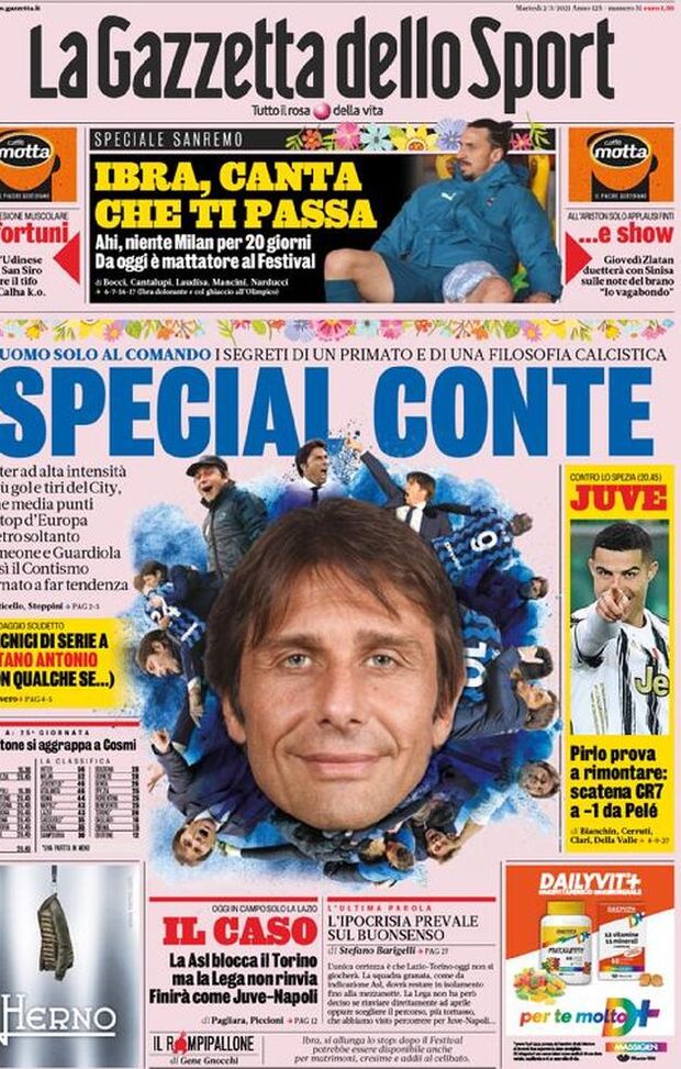 Prima Pagina, La Gazzetta dello Sport: “Special Conte. Ibra, canta che ti passa! La Asl blocca il Torino, ma la Lega non rinvia” 