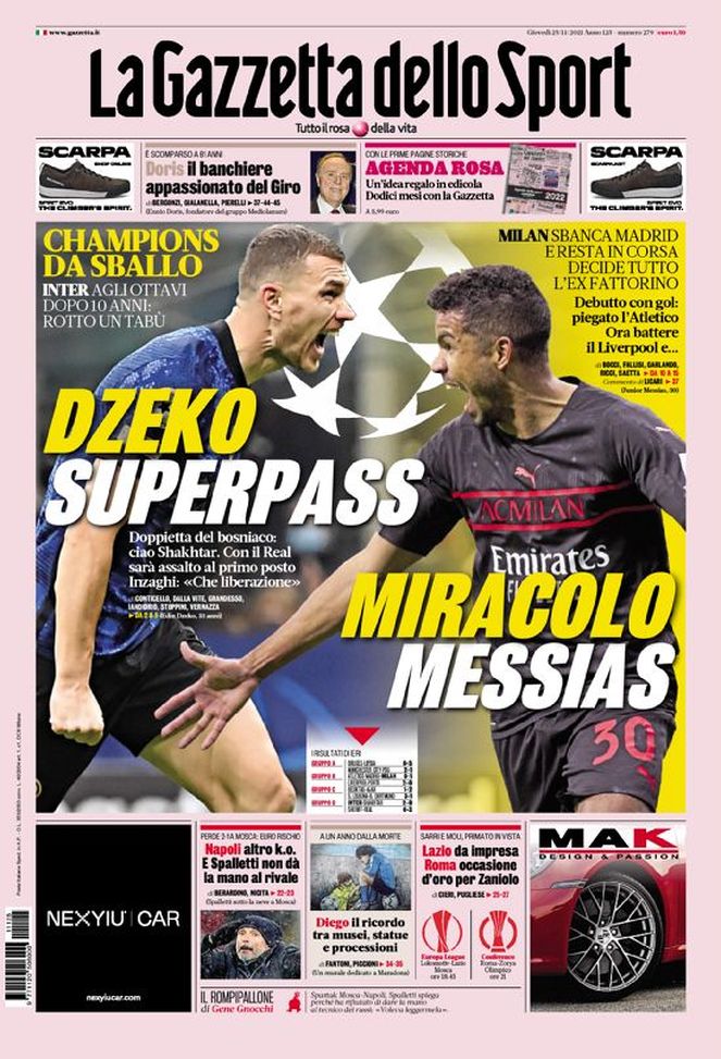 Prima Pagina, La Gazzetta dello Sport: “Dzeko superpass. Miracolo Messias” 