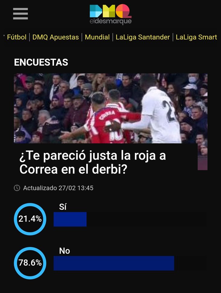 Derby di Madrid, il sondaggio boccia il rosso a Correa: per il 78% non c’era…- immagine 2