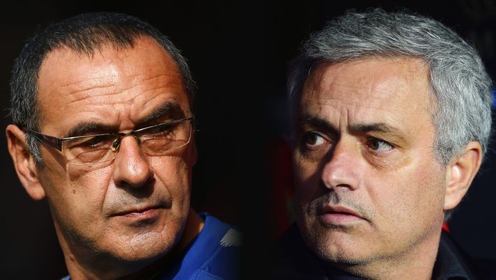 FILE PHOTO (EDITORS NOTE: COMPOSITE OF IMAGES - Image numbers 1047091738,922326746 - GRADIENT ADDED) In this composite image a comparison has been made between Maurizio Sarri, Manager of Chelsea (L) and Jose Mourinho, Manager of Manchester United. Chelsea FC and Manchester United meet in a Premier league fixture on October 20, 2018 at Stamford Bridge,London.***LEFT IMAGE*** SOUTHAMPTON, ENGLAND - OCTOBER 07: Maurizio Sarri, Manager of Chelsea looks on prior to the Premier League match between Southampton FC and Chelsea FC at St Mary's Stadium on October 7, 2018 in Southampton, United Kingdom. (Photo by Jordan Mansfield/Getty Images) ***RIGHT IMAGE*** SEVILLE, SPAIN - FEBRUARY 21: Jose Mourinho, Manager of Manchester United looks on during the UEFA Champions League Round of 16 First Leg match between Sevilla FC and Manchester United at Estadio Ramon Sanchez Pizjuan on February 21, 2018 in Seville, Spain. (Photo by Aitor Alcalde/Getty Images) FILE PHOTO (EDITORS NOTE: COMPOSITE OF IMAGES - Image numbers 1047091738,922326746 - GRADIENT ADDED) In this composite image a comparison has been made between Maurizio Sarri, Manager of Chelsea (L) and Jose Mourinho, Manager of Manchester United. Chelsea FC and Manchester United meet in a Premier league fixture on October 20, 2018 at Stamford Bridge,London.***LEFT IMAGE*** SOUTHAMPTON, ENGLAND - OCTOBER 07: Maurizio Sarri, Manager of Chelsea looks on prior to the Premier League match between Southampton FC and Chelsea FC at St Mary's Stadium on October 7, 2018 in Southampton, United Kingdom. (Photo by Jordan Mansfield/Getty Images) ***RIGHT IMAGE*** SEVILLE, SPAIN - FEBRUARY 21: Jose Mourinho, Manager of Manchester United looks on during the UEFA Champions League Round of 16 First Leg match between Sevilla FC and Manchester United at Estadio Ramon Sanchez Pizjuan on February 21, 2018 in Seville, Spain. (Photo by Aitor Alcalde/Getty Images)