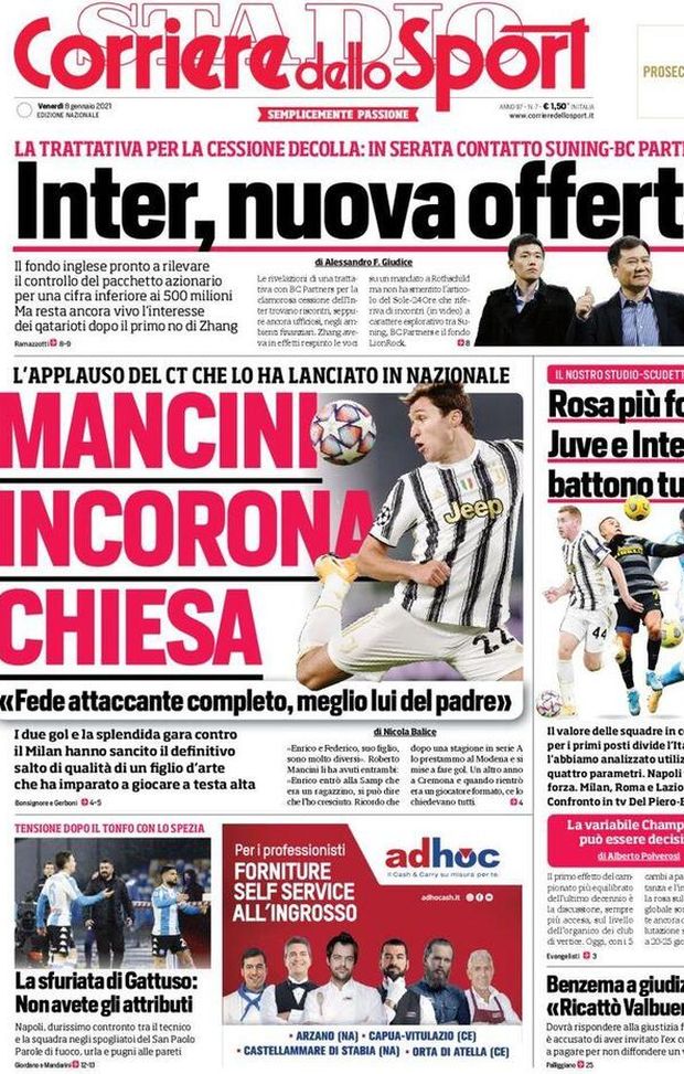 La prima pagina del Corriere dello Sport in edicola oggi, 8 gennaio 2021 La prima pagina del Corriere dello Sport in edicola oggi, 8 gennaio 2021