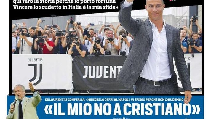 Prima Pagina, Corriere dello Sport: &#8220;The Champion! De Laurentiis: &#8216;Mendes offrì CR7 al Napoli&#8217;. Cancellato il Bari&#8230;&#8221; 
