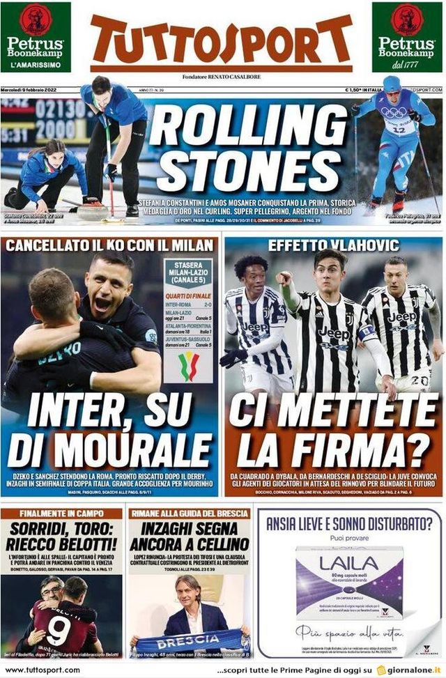 Tuttosport, la prima pagina di oggi, mercoledì 9 febbraio 2022 Tuttosport