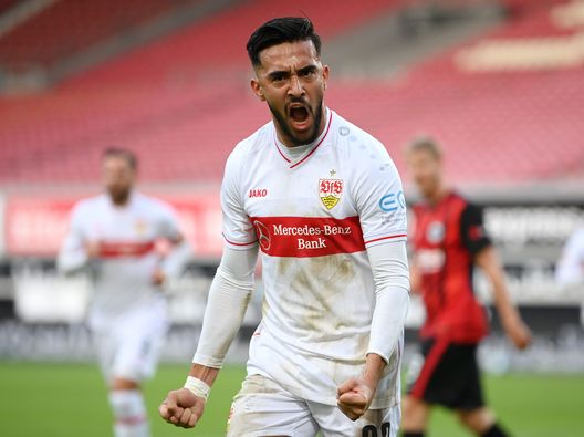  STUTTGART, GERMANY - NOVEMBER 07: Nicolas Gonzalez of VfB Stuttgart celebrates during the Bundesliga match between VfB Stuttgart and Eintracht Frankfurt at Mercedes-Benz Arena on November 07, 2020 in Stuttgart, Germany. (Photo by Matthias Hangst/Getty Images) 