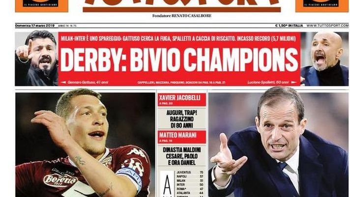 Prima Pagina, Tuttosport: “Il Toro sparisce. De Ligt ti aspetto. Derby: bivio Champions. Roma flop” Prima Pagina, Tuttosport: “Il Toro sparisce. De Ligt ti aspetto. Derby: bivio Champions. Roma flop”