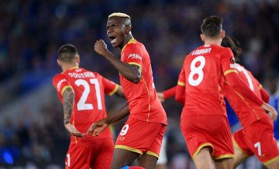 LEICESTER, ENGLAND - SEPTEMBER 16: Victor Osimhen of SSC Napoli celebrates after scoring their side's first goal during the UEFA Europa League group C match between Leicester City and SSC Napoli at The King Power Stadium on September 16, 2021 in Leicester, England. (Photo by Laurence Griffiths/Getty Images) LEICESTER, ENGLAND - SEPTEMBER 16: Victor Osimhen of SSC Napoli celebrates after scoring their side's first goal during the UEFA Europa League group C match between Leicester City and SSC Napoli at The King Power Stadium on September 16, 2021 in Leicester, England. (Photo by Laurence Griffiths/Getty Images)