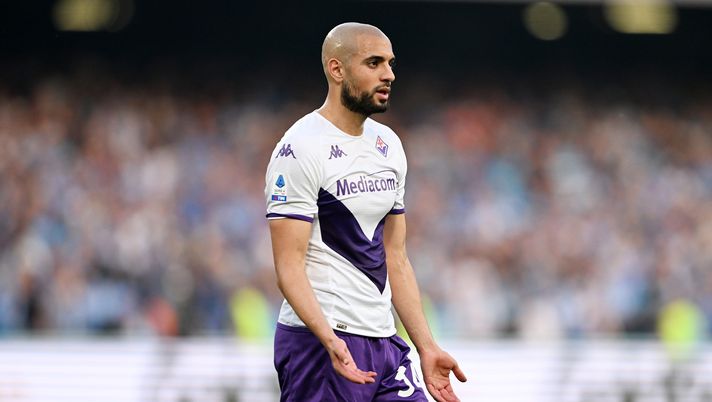 NAPLES, ITALY - MAY 07: Sofyan Amrabat of ACF Fiorentina during the Serie A match between SSC Napoli and ACF Fiorentina at Stadio Diego Armando Maradona on May 07, 2023 in Naples, Italy. (Photo by Francesco Pecoraro/Getty Images) amrabat