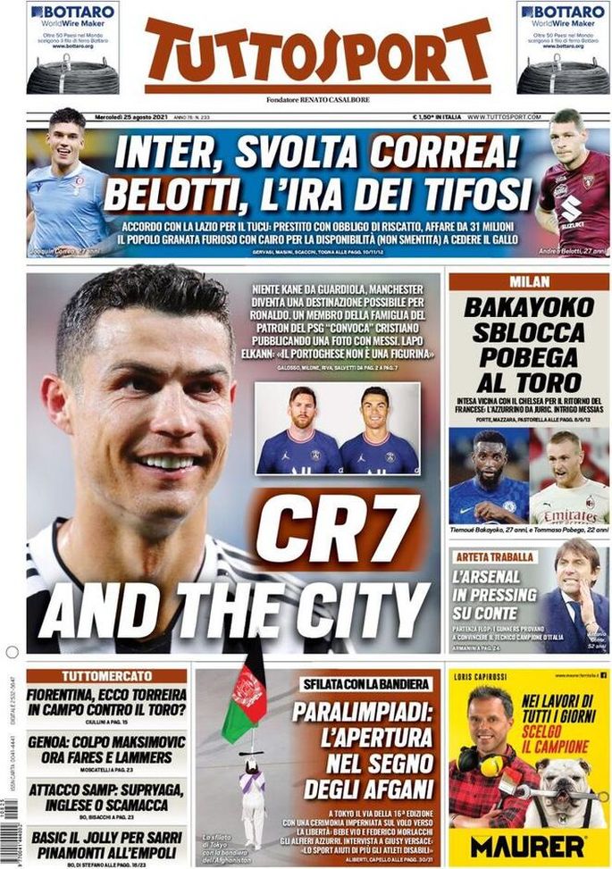Prima Pagina, Tuttosport: “CR7 and the City. Inter, svolta Correa!” Prima Pagina, Tuttosport: “CR7 and the City. Inter, svolta Correa!”