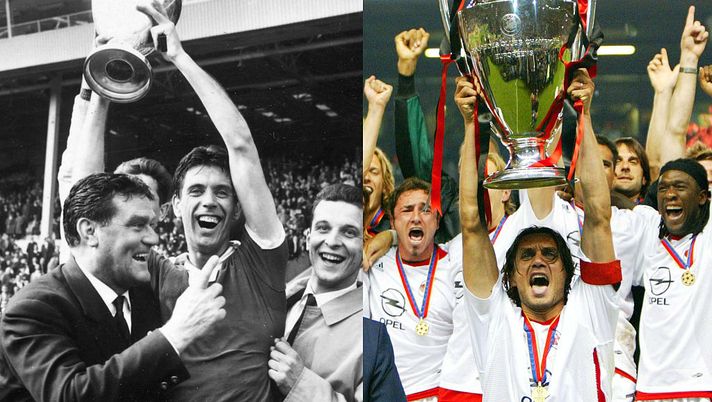 (FILE PHOTO) In this composite image a comparison has been made between images (L-R) 52915825 and 52915825 of Father (L) and Son (R).
**LEFT IMAGE*** 21st May 1963: Cesare Maldini, the Milan captain holds up the winner's trophy after his team's 2-1 win against Portugal in the European Cup Final at Wembley. (Photo by Evening Standard/Getty Images)
***RIGHT IMAGE*** MANCHESTER, UNITED KINGDOM - MAY 28: Champions League 02/03 Final, Manchester, 28.05.03, AC Mila v Juventus Turin. Paolo Maldini lifts the trophy (Photo by Andreas Rentz/Bongarts/Getty Images) Frasi storiche – Maldini: “playboy o calciatore” con Sacchi. La lite con Capello. E l’esorcista per Ancelotti…- immagine 2