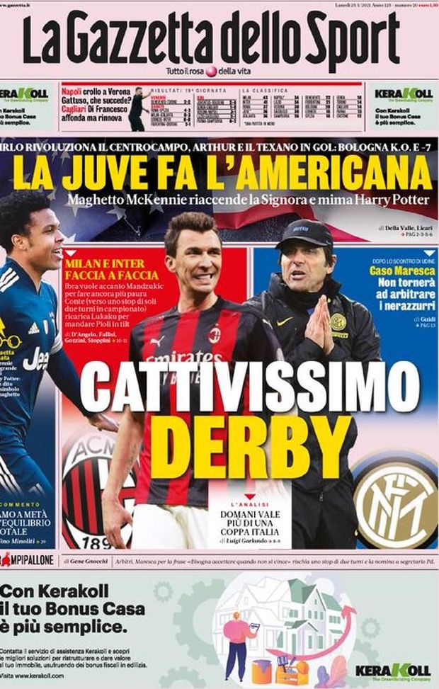Prima Pagina, La Gazzetta dello Sport: “Cattivissimo derby, Milan e Inter faccia a faccia. La Juve fa l’americana” Prima Pagina, La Gazzetta dello Sport: “Cattivissimo derby, Milan e Inter faccia a faccia. La Juve fa l’americana”
