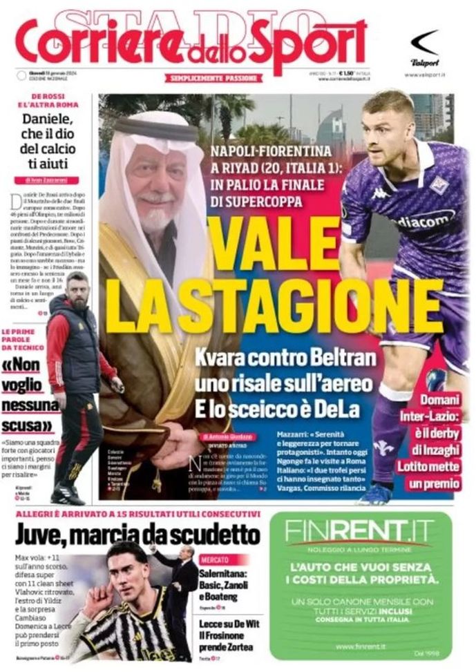 EDICOLA / CdS: Supercoppa, domani il derby di Inzaghi. Lotito mette un premio - immagine 1