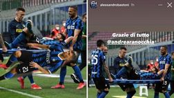 VIDEO Inter, è febbre Scudetto: Ranocchia in barella, Perisic lo ribalta. La gag fa impazzire i social