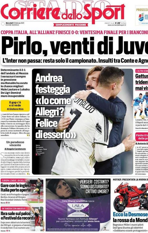Prima Pagina, Corriere dello Sport:: &#8220;Pirlo, venti di Juve. L&#8217;Inter non passa, resta solo il campionato, insulti tra Conte e Agnelli&#8221; 