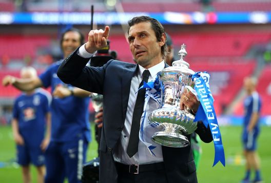 LONDON, ENGLAND - MAY 19: Antonio Conte, Manager of Chelsea holds the Emirates FA Cup trophy following his side's win during The Emirates FA Cup Final between Chelsea and Manchester United at Wembley Stadium on May 19, 2018 in London, England. (Photo by Catherine Ivill/Getty Images) LONDON, ENGLAND - MAY 19: Antonio Conte, Manager of Chelsea holds the Emirates FA Cup trophy following his side's win during The Emirates FA Cup Final between Chelsea and Manchester United at Wembley Stadium on May 19, 2018 in London, England. (Photo by Catherine Ivill/Getty Images)