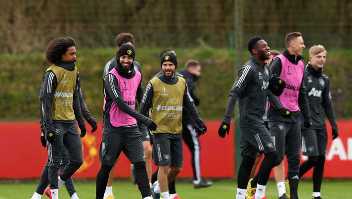 MANCHESTER, ENGLAND - FEBRUARY 26: Tahith Chong, Bruno Fernandes, Juan Mata and Tim Fosu-Mensah of Manchester United react during a training session ahead of their UEFA Europa League round of 32 second leg match against Club Brugge at Aon Training Complex on February 26, 2020 in Manchester, United Kingdom. (Photo by Jan Kruger/Getty Images) 