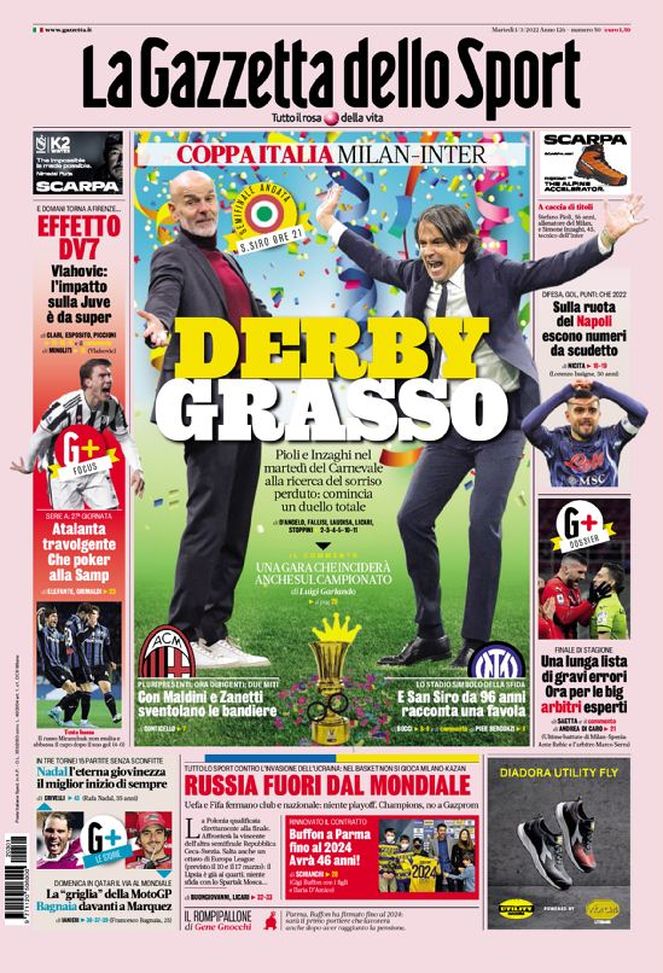La Gazzetta dello Sport, la prima pagina di oggi, martedì 1° marzo 2022