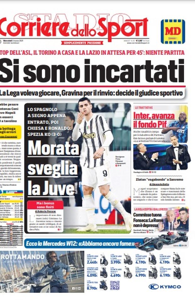 Prima Pagina, Corriere dello Sport: “Si sono incartati. Morata sveglia la Juve. Inter, avanza il fondo Pif” Prima Pagina, Corriere dello Sport: “Si sono incartati. Morata sveglia la Juve. Inter, avanza il fondo Pif”