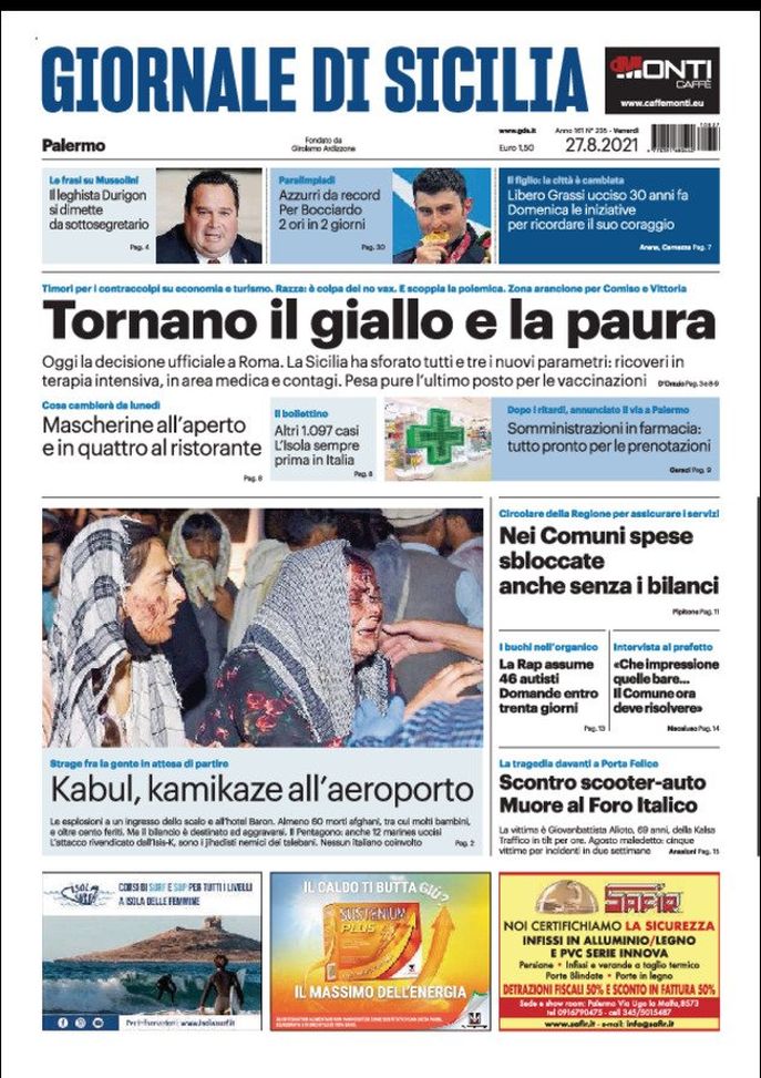 Prima Pagina, Giornale di Sicilia: “Tornano il giallo e la paura” Prima Pagina, Giornale di Sicilia: “Tornano il giallo e la paura”
