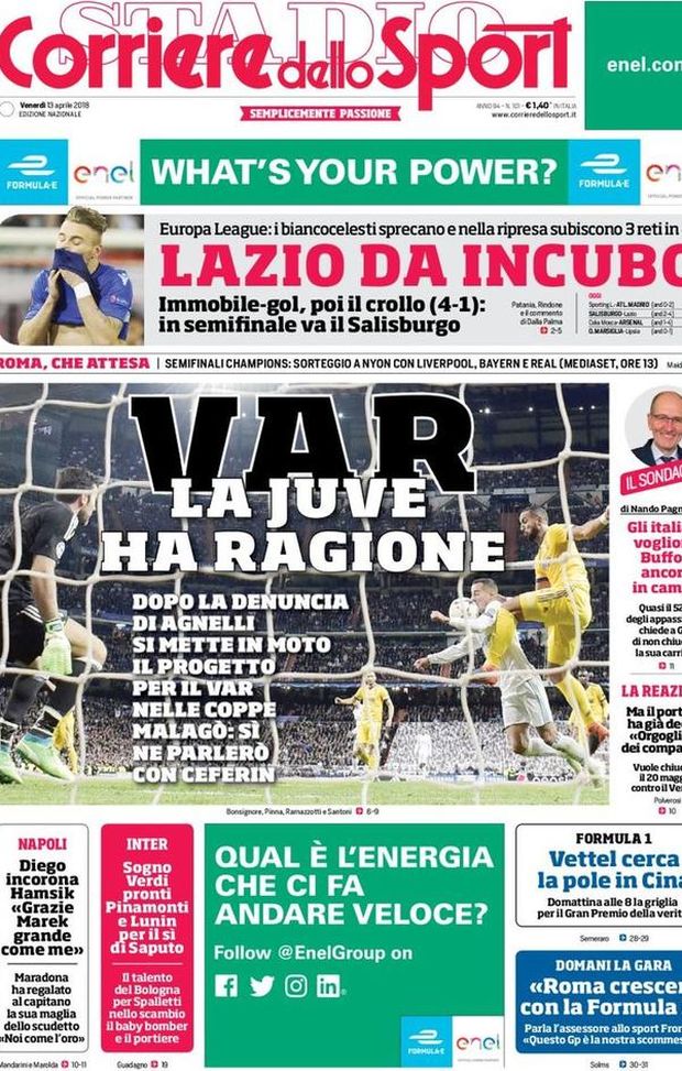 Prima Pagina, Corriere dello Sport: “VAR, la Juve ha ragione. Lazio da incubo. Maradona incorona Hamisk…” Prima Pagina, Corriere dello Sport: “VAR, la Juve ha ragione. Lazio da incubo. Maradona incorona Hamisk…”